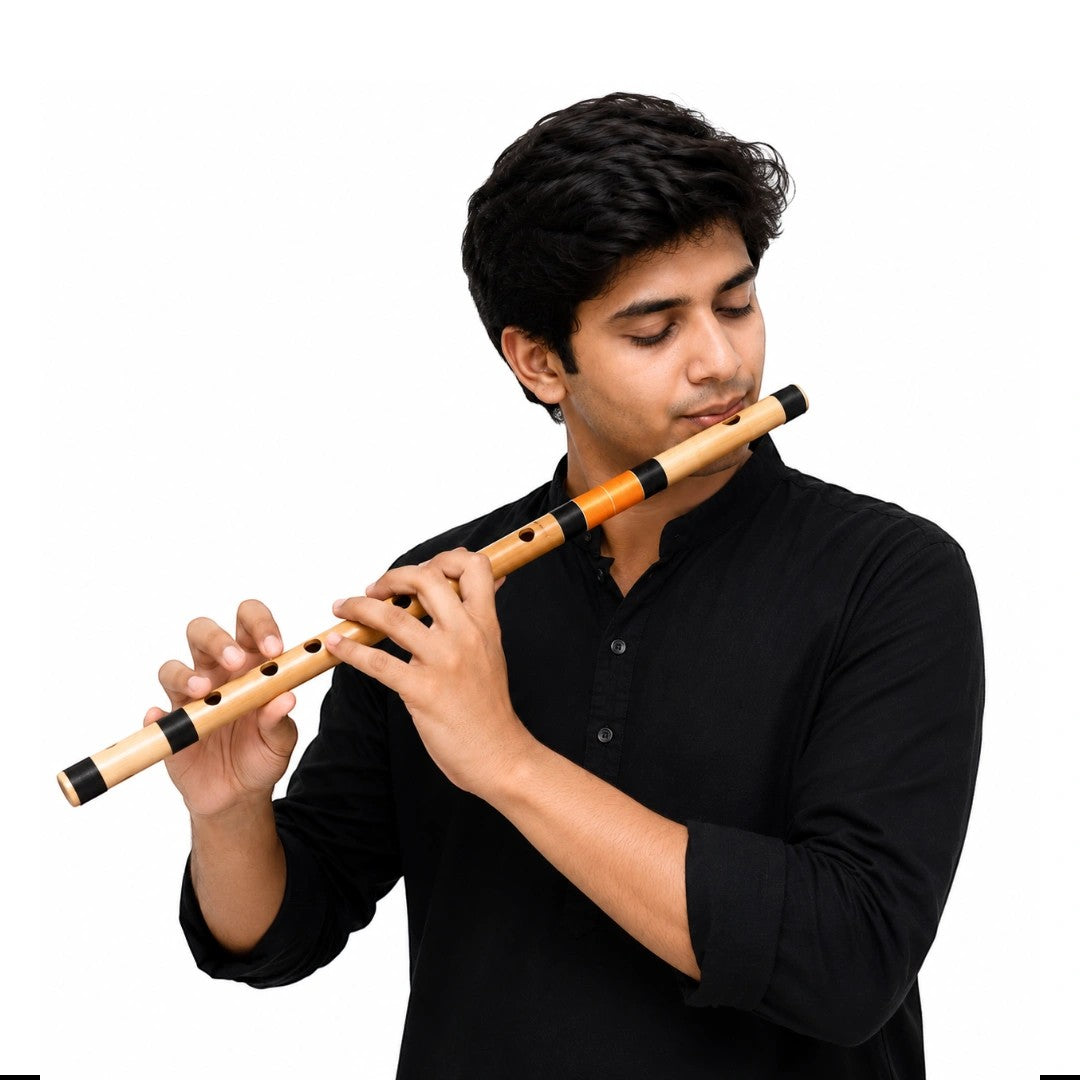A young man in a black shirt playing a Radhe PVC Side G Middle Flute from Prathmesh Music against a white background.