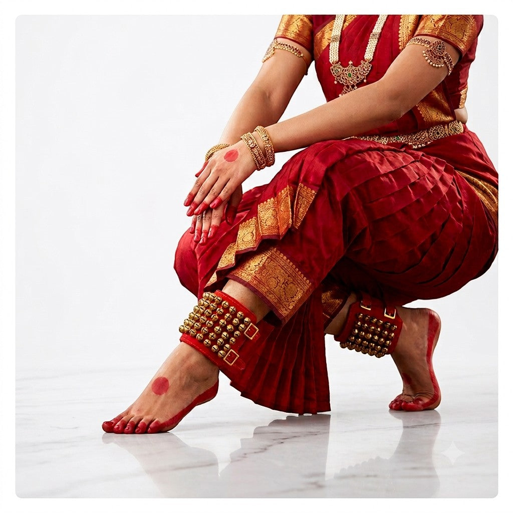 Prathmesh Music RG 5-line red cotton ghungroo with brass bells worn by a dancer in traditional attire