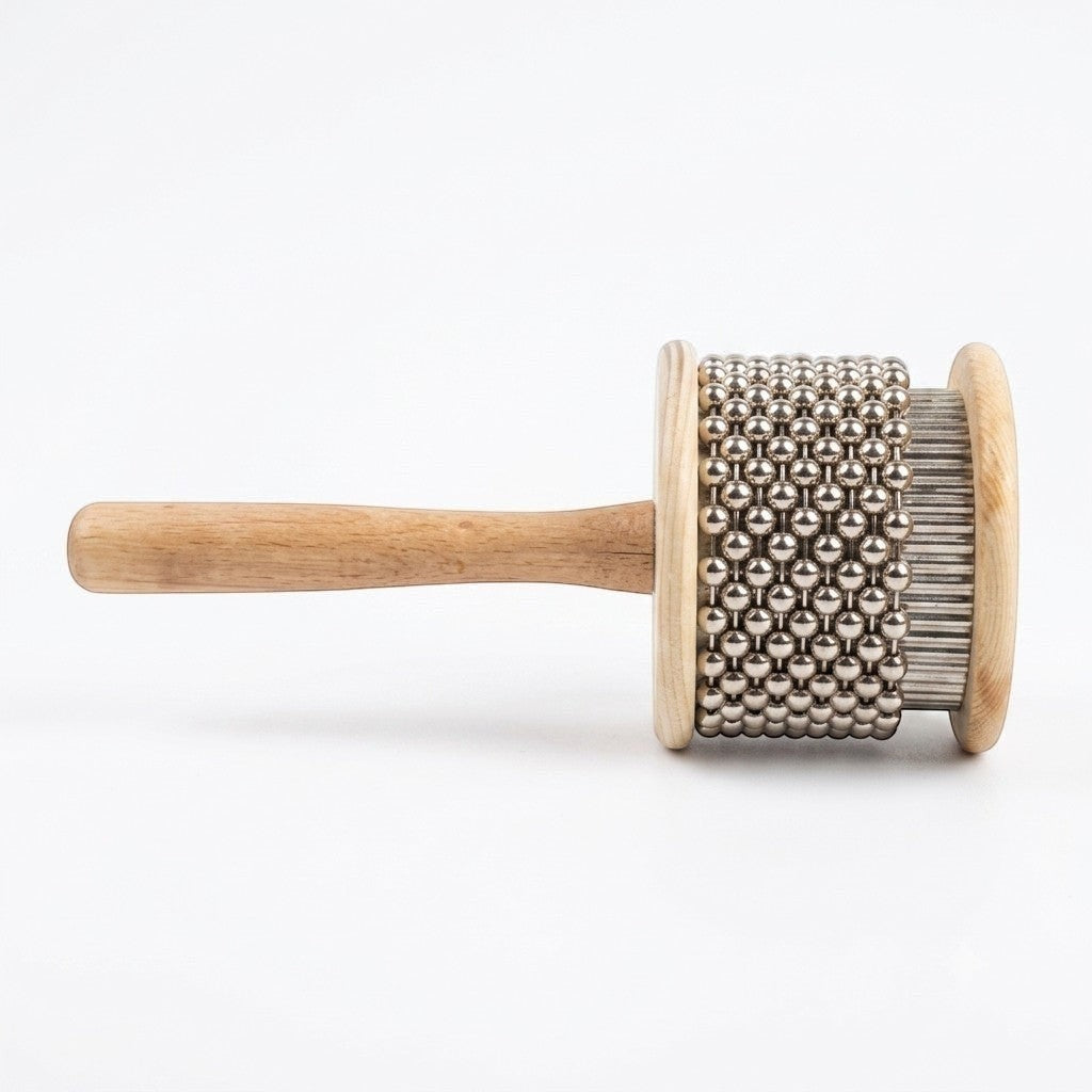 Prathmesh Music KL small cabasa with a wooden handle and metallic beaded cylinder for crisp percussion sounds.