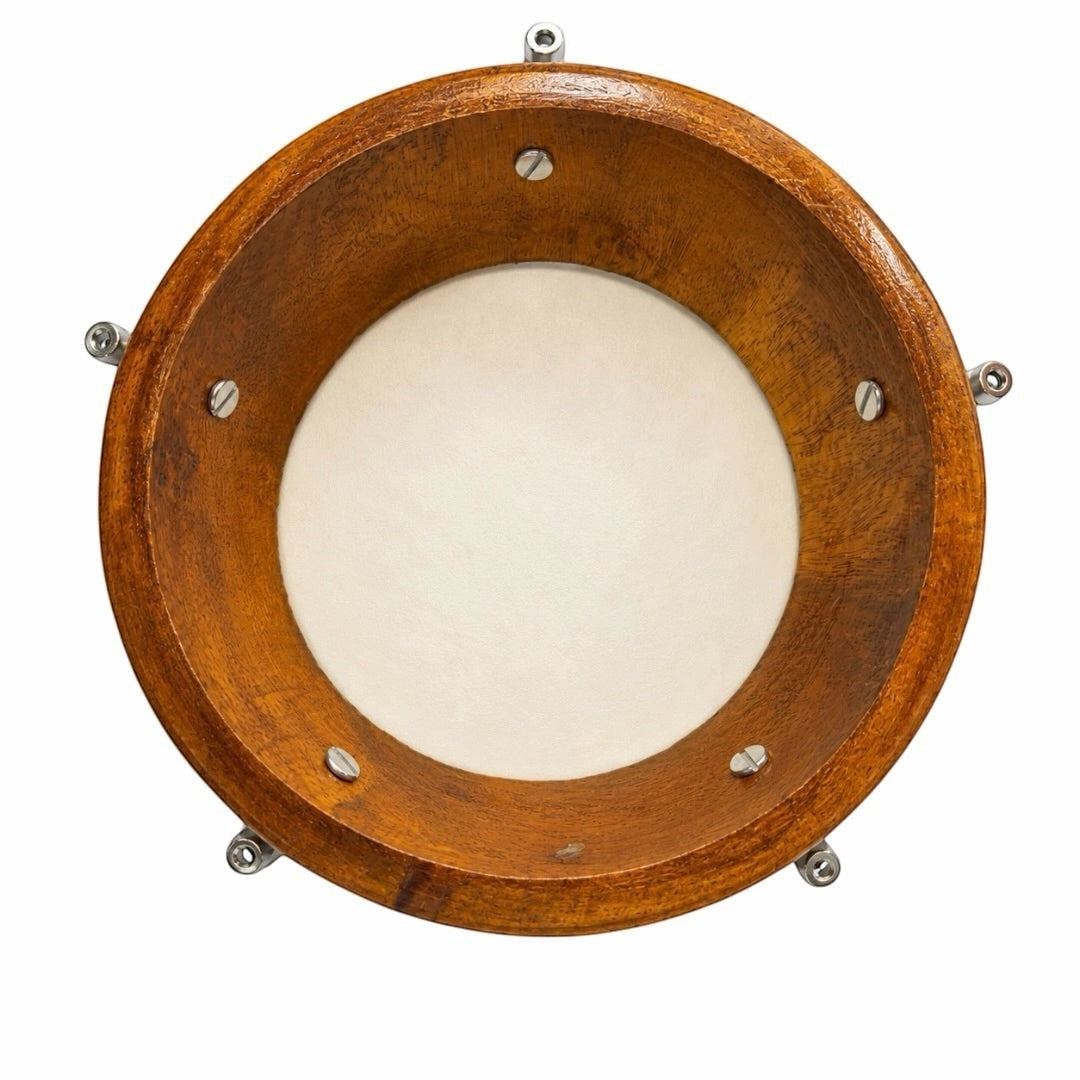Prathmesh Music 6-inch wooden dimdi drum with a polished brown finish and a taut white drumhead