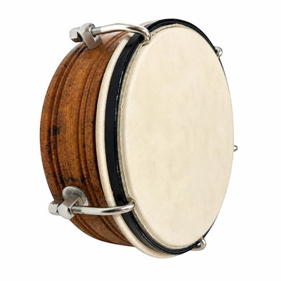 Prathmesh Music 6-inch wooden dimdi with a taut drumhead and metal tuning hardware for traditional Indian percussion.