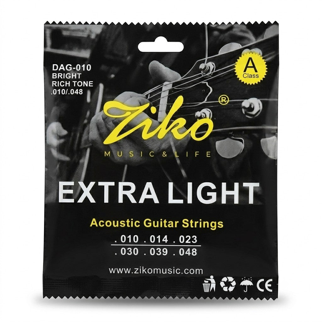 Prathmesh Music Ziko DAG-010 extra light acoustic guitar strings in black packaging with .010-.048 gauge details.