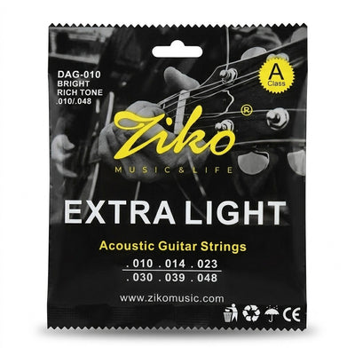 Prathmesh Music Ziko DAG-010 extra light acoustic guitar strings in black packaging with .010-.048 gauge details.